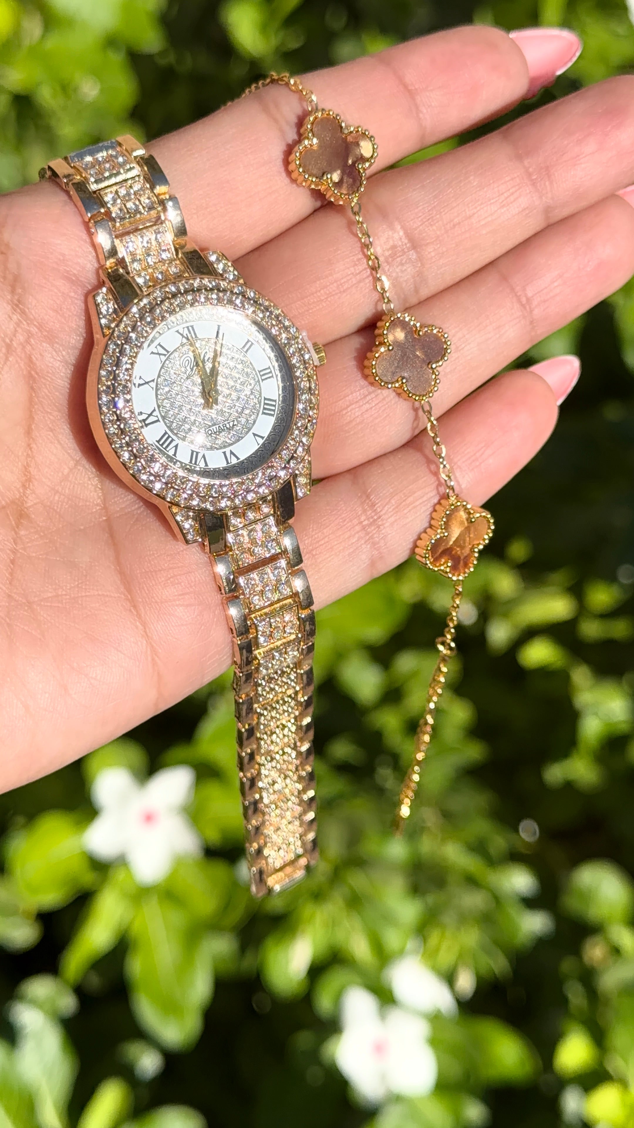 Luxe Gold Watch & Clover Bracelet Set