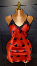 Heart Print Satin Lace Slip Nightgown