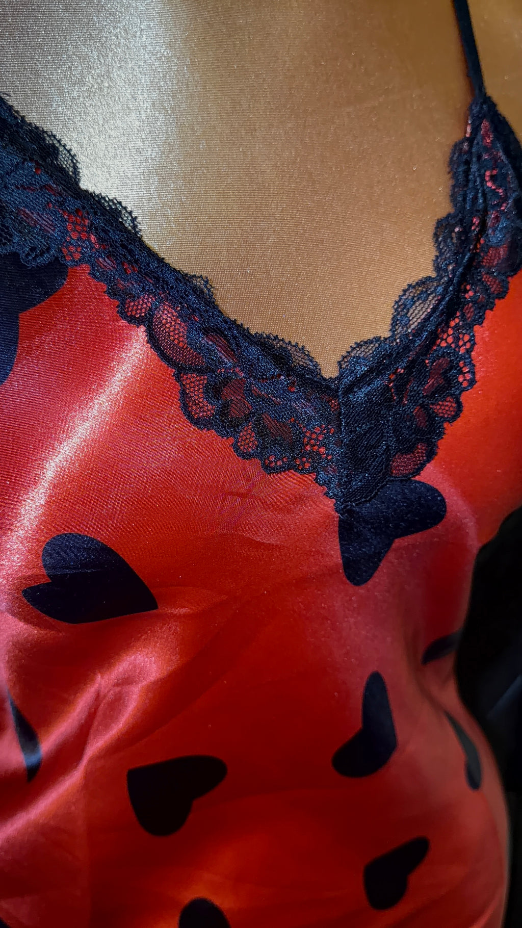 Heart Print Satin Lace Slip Nightgown