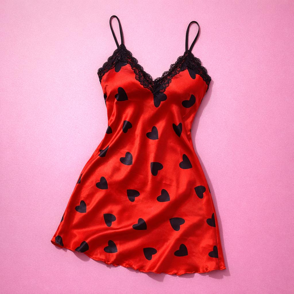 Heart Print Satin Lace Slip Nightgown