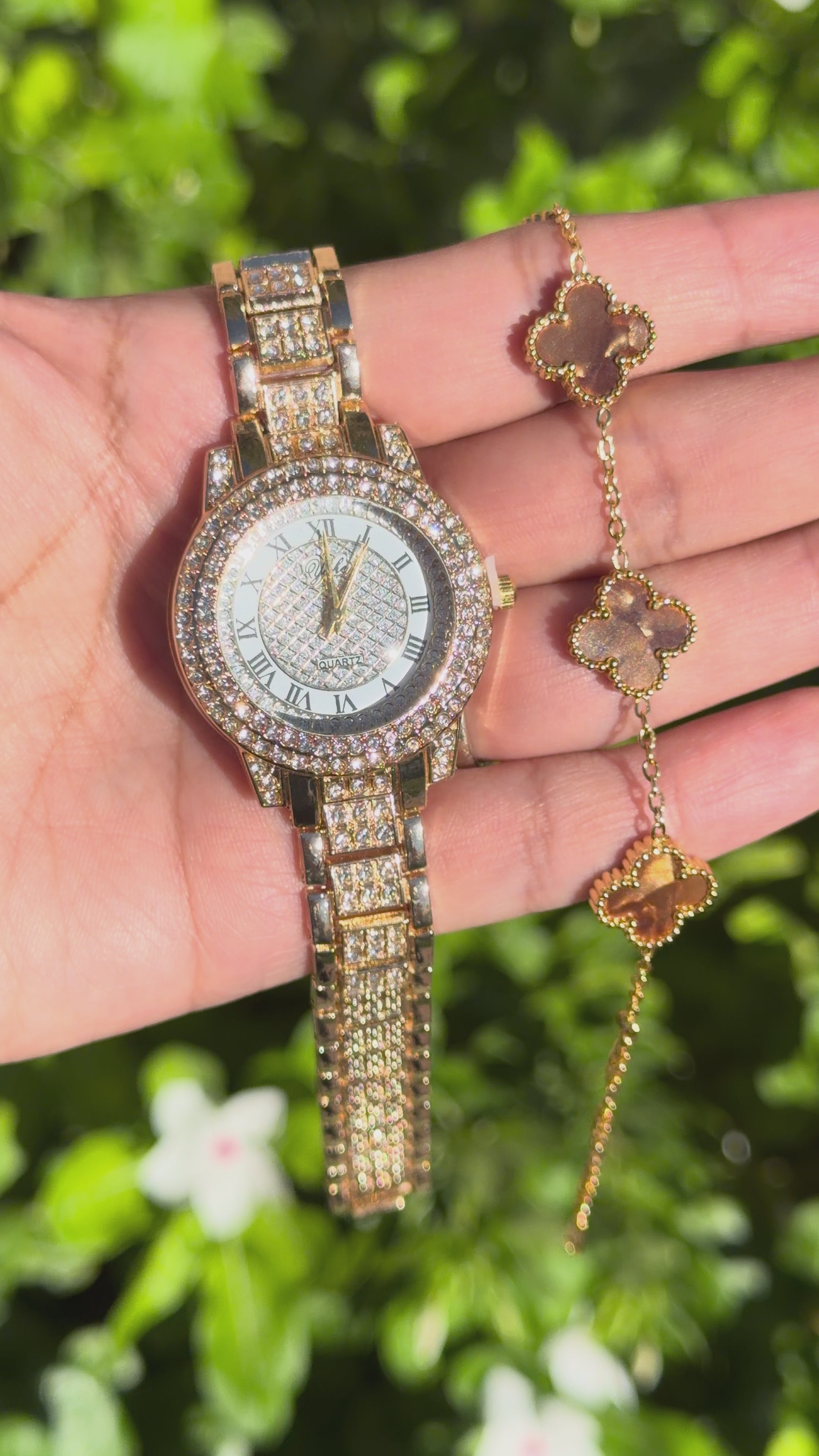 Luxe Gold Watch & Clover Bracelet Set